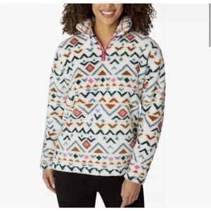Eddie Bauer Fleece Pullover Jacket Womens Sz L Colorful Boho Aztec Plush 1/4 Zip